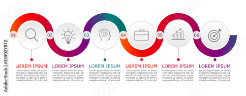 Business infographic Vector with 6 steps. Used for presentation,information,education,connection,marketing, project,strategy,technology,learn,brainstorm,creative,growth,abstract,stairs,idea,text,work.