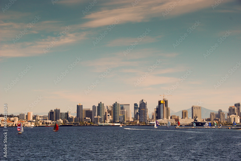 Wide angle view of the city skyline of San Diego, CA, USA. |Sky dominant