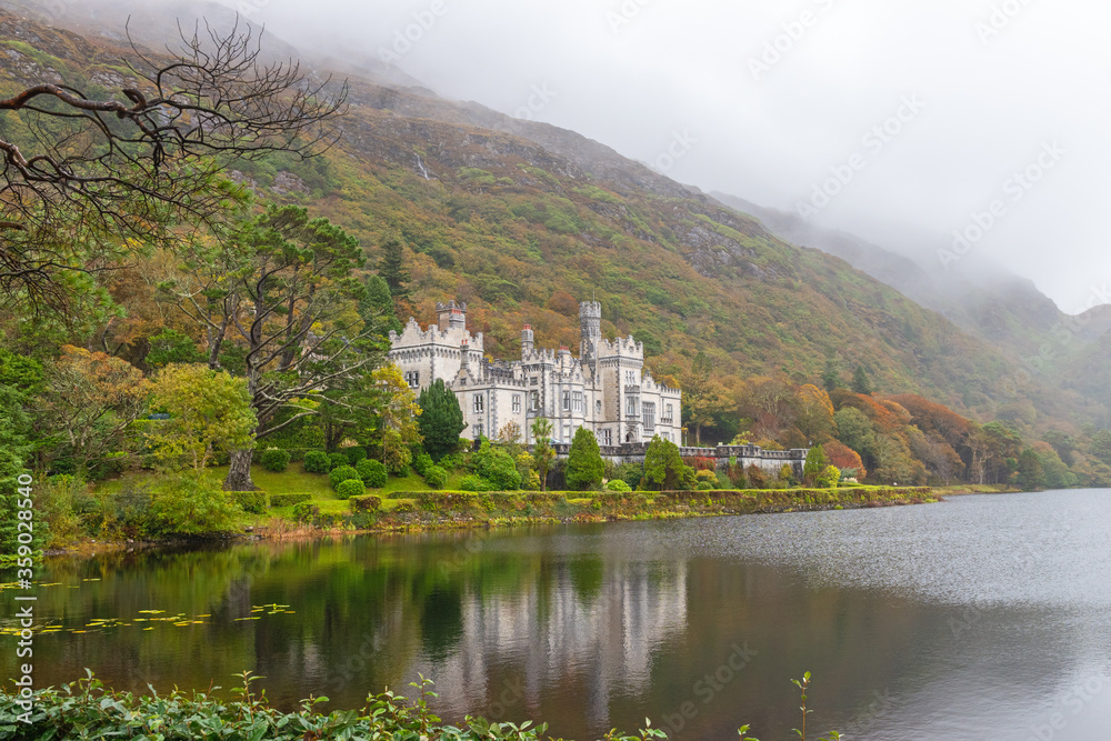 Scenic view of Irish Kylemore Abbey  by the lake