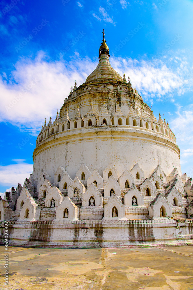 It's Hsinbyume Pagoda (Myatheindan), a large pagoda on the northern side of Mingun, Sagaing Region in Myanmar, the western bank of the Irrawaddy River
