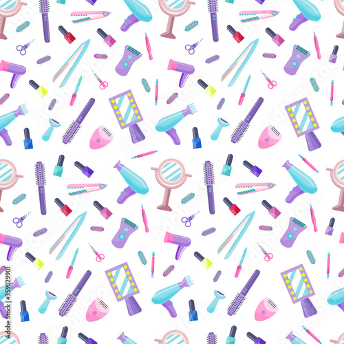 Pattern of hair styling and manicure products on a white background.Seamless pattern of hair and hand care accessories.Tools for self-care. Devices for female beauty.Vector background in flat style.