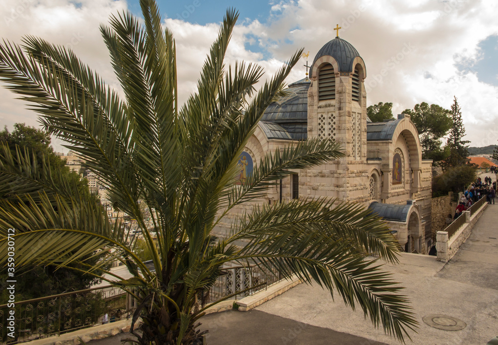 View of the palm tree and further on St. Peter's Church in Gallicantu on Zion Mount in Jerusalem, area of the Old City