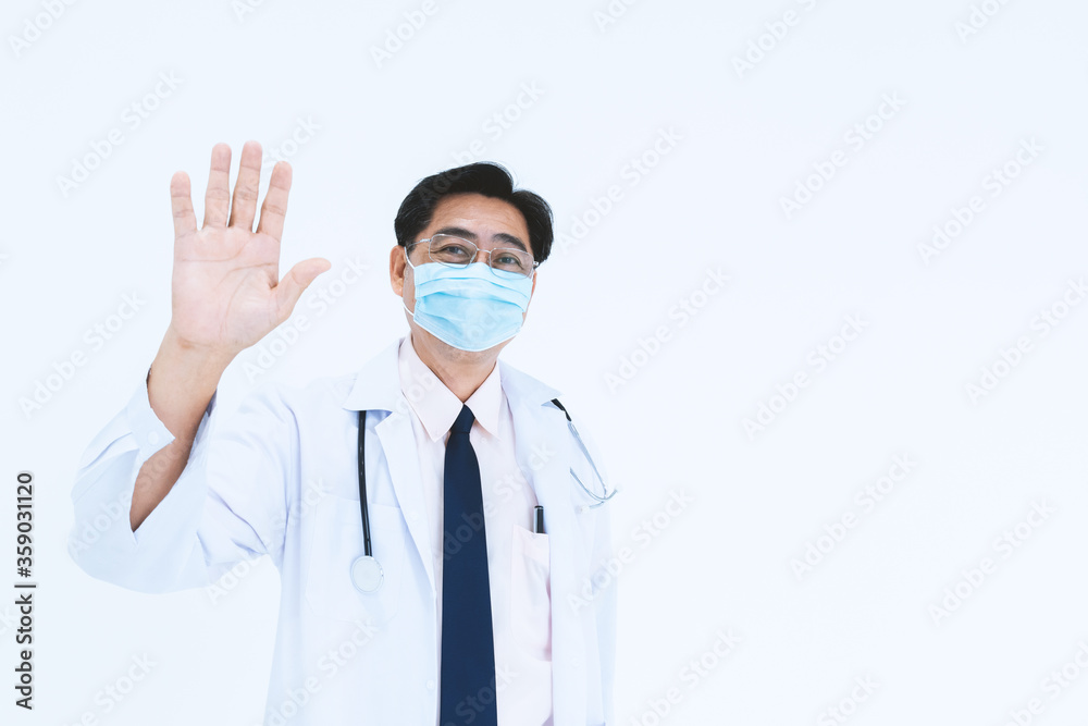 Female doctor wear face mask with stethoscope show hand up on white background.
