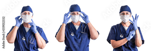 Set of Doctors or Nurses Wearing Personal Protective Equipment Isolated on White Background