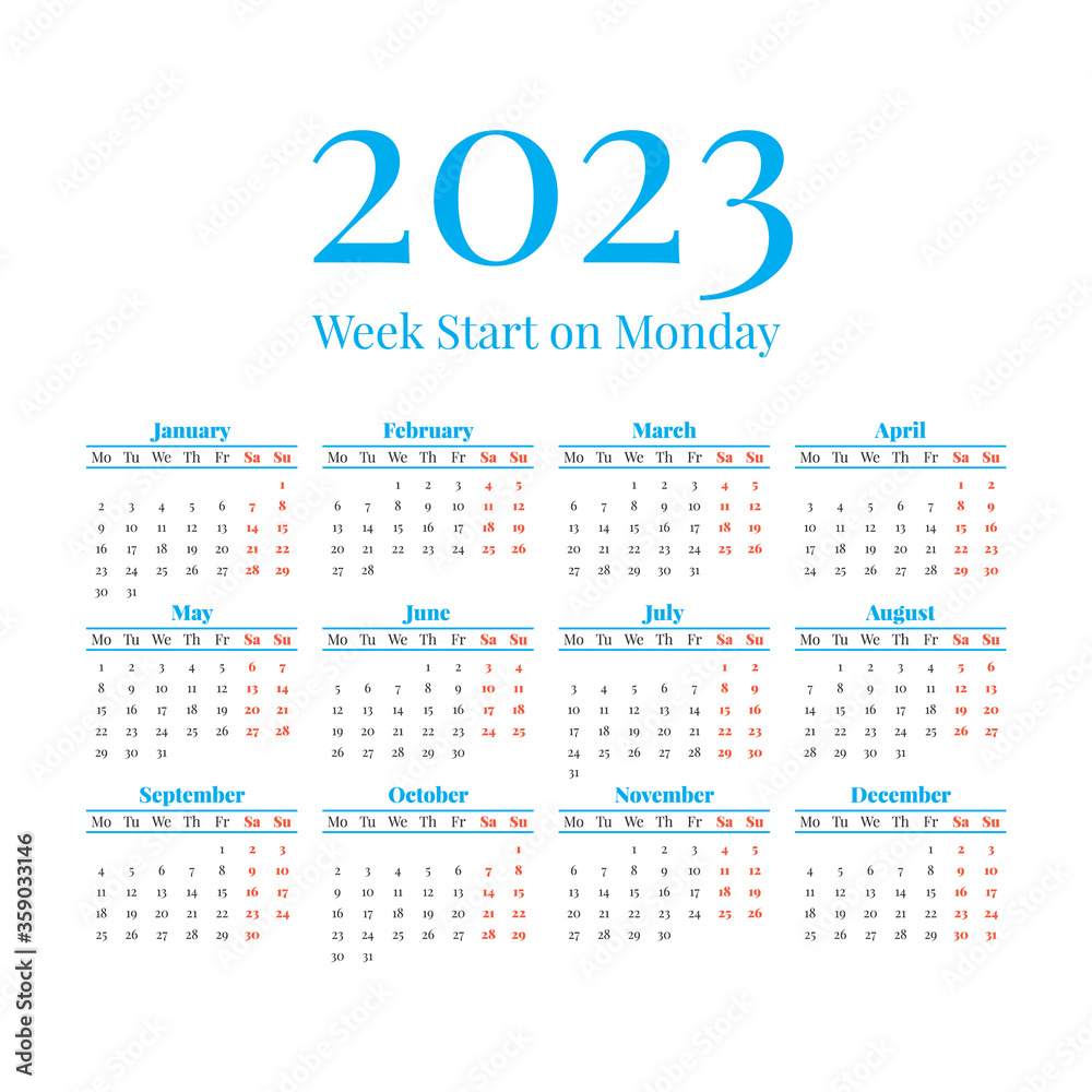 2023 Calendar with the weeks start on Monday 2023 Calendar with the weeks start on Monday
