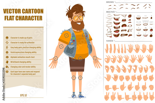 Cartoon flat funny fat hipster man character in jerkin and sunglasses. Ready for animation. Face expressions, eyes, brows, mouth and hands easy to edit. Isolated on white background. Big vector set. photo