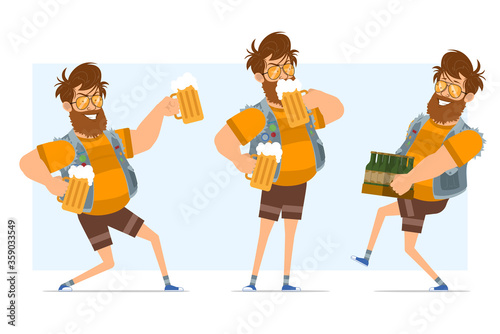Cartoon flat funny bearded fat hipster man character in jeans jerkin and sunglasses. Ready for animation. Boy carrying bottles, holding and drinking beer. Isolated on blue background. Vector icon set.