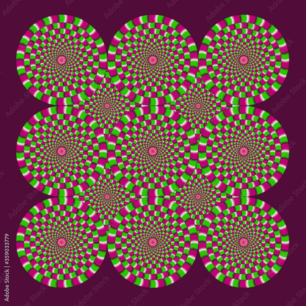 Revolving concentric circles, optical illusion. Geometric Art. Opt art. Psychedelic pattern.