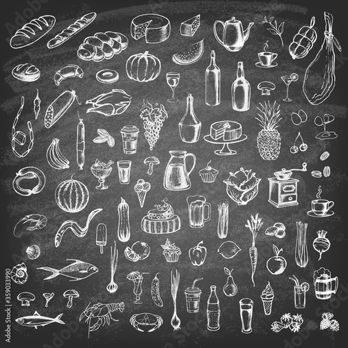 Retro vintage style food design on the blackboard. Hand drawn elements for cooking, vegetables, restaurant and vegetarian food. Vector illustration.