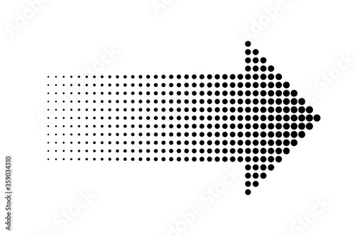 Dotted arrow icon. Vector isolated element. Black dotted vector dynamic arrow. Halftone effect design.