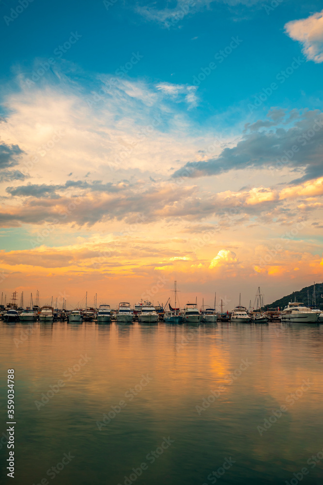 The long exposure view of sunset at Antalya Fisherman Harbour