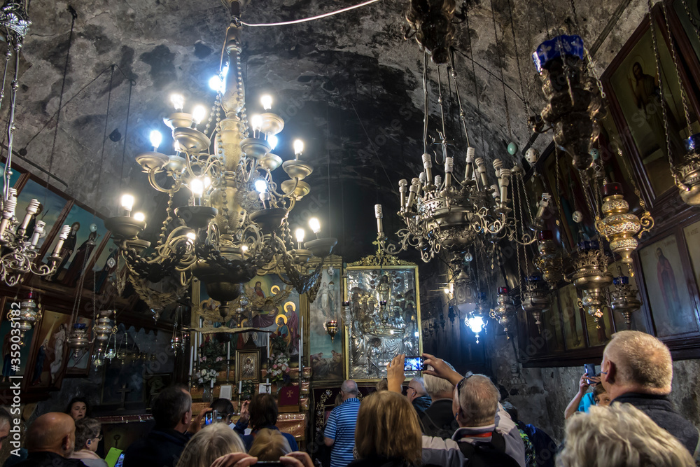 Jerusalem, Israel, January 30, 2020: Interior fragment of the Church of the Sepulcher of Saint Mary at the foot of the Mount of Olives in Jerusalem