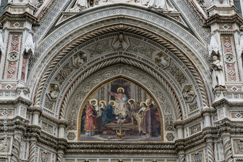 Details of Cathedral of Saint Mary of the Flower, called Cattedrale di Santa Maria del Fiore in Florence Tuscany from Uffizi Gallery. Also known Cathedral of Florence or Duomo Di Firenze.