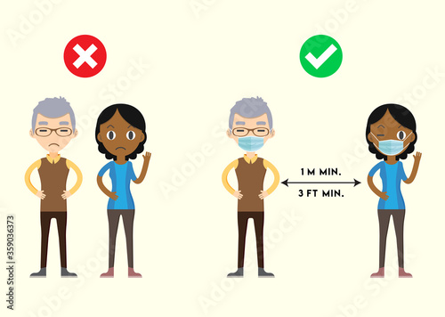 Social Distancing 1 meter. Infographic with two Cartoon Characters. Vector Image.