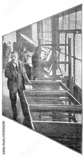 Heliography Workshop by Meisenbach Riffarth & Co. Illustration of the 19th century. White background.