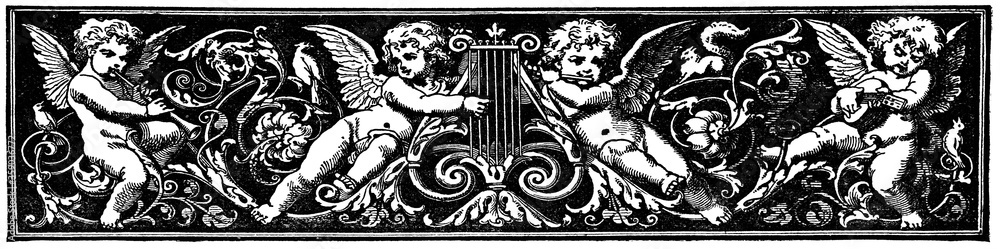 Abstract floral ornament with angels (cupids) playing the lute, harp and flute. Separator of chapters in a book. Illustration of the 19th century. White background. Abstract floral ornament with angels (cupids) playing the lute, harp and flute. Separator of chapters in a book. Illustration of the 19th century. White background.