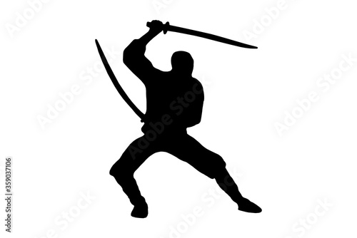 Silhouette of a warrior with two swords, a ninja with swords on a white background, isolated