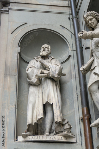 Florence, Italy - March 1, 2019: Galileo Galilei Statue outside the Uffizi Gallery in Florence