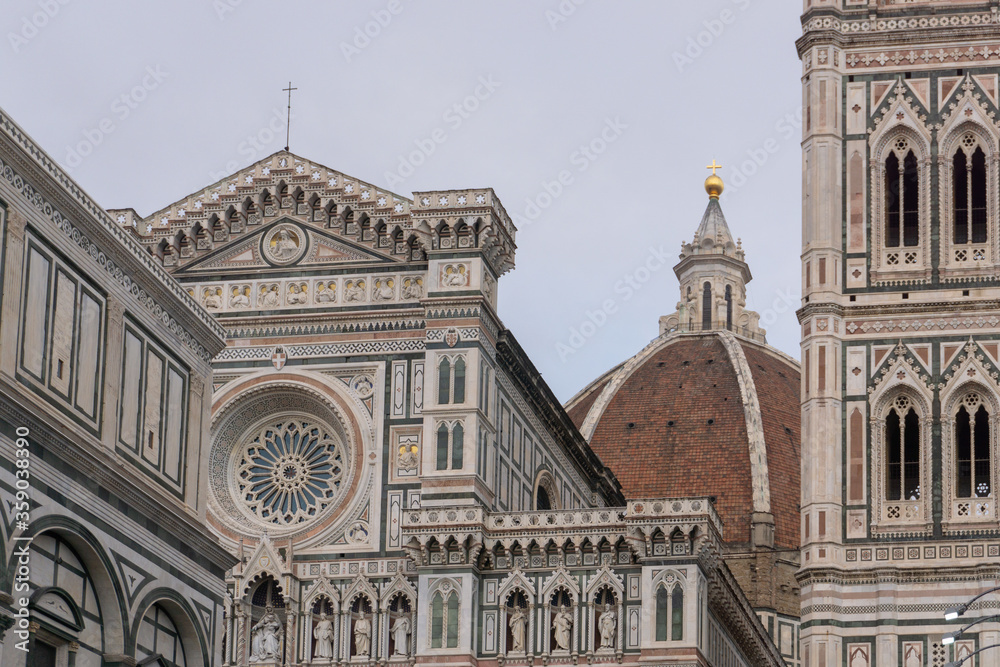 Details of Cathedral of Saint Mary of the Flower, called Cattedrale di Santa Maria del Fiore in Florence Tuscany. Also known Cathedral of Florence or Duomo Di Firenze.
