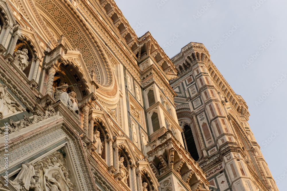 Details of Cathedral of Saint Mary of the Flower, called Cattedrale di Santa Maria del Fiore in Florence Tuscany. Also known Cathedral of Florence or Duomo Di Firenze.