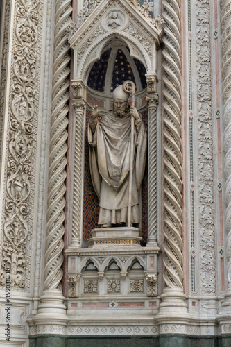 Details of Cathedral of Saint Mary of the Flower, called Cattedrale di Santa Maria del Fiore in Florence Tuscany. Also known Cathedral of Florence or Duomo Di Firenze.