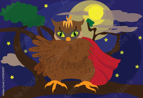 vector illustration of an owl on a branch at night, an owl in a raincoat