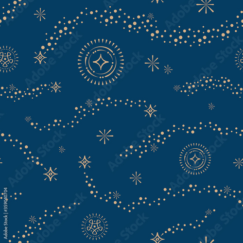 Celestial seamless vector pattern with stars, suns, comets, trails of stardust with geometric details and elements. For fashion, giftware, backgrounds, textiles.