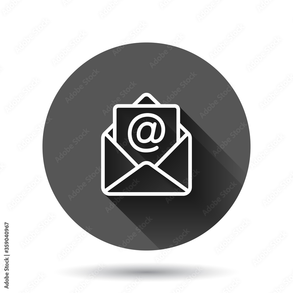 Email message icon in flat style. Mail document vector illustration on black round background with long shadow effect. Message correspondence circle button business concept. Email message icon in flat style. Mail document vector illustration on black round background with long shadow effect. Message correspondence circle button business concept.