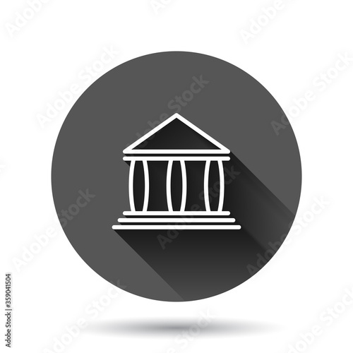 Bank building icon in flat style. Government architecture vector illustration on black round background with long shadow effect. Museum exterior circle button business concept.