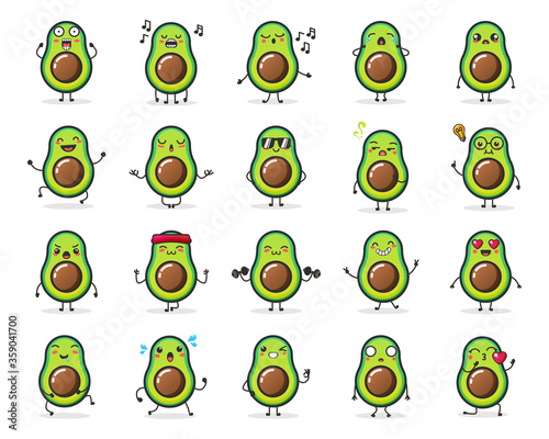 Set of cute Avocado fruit character in different action emotion for illustration or mascot.