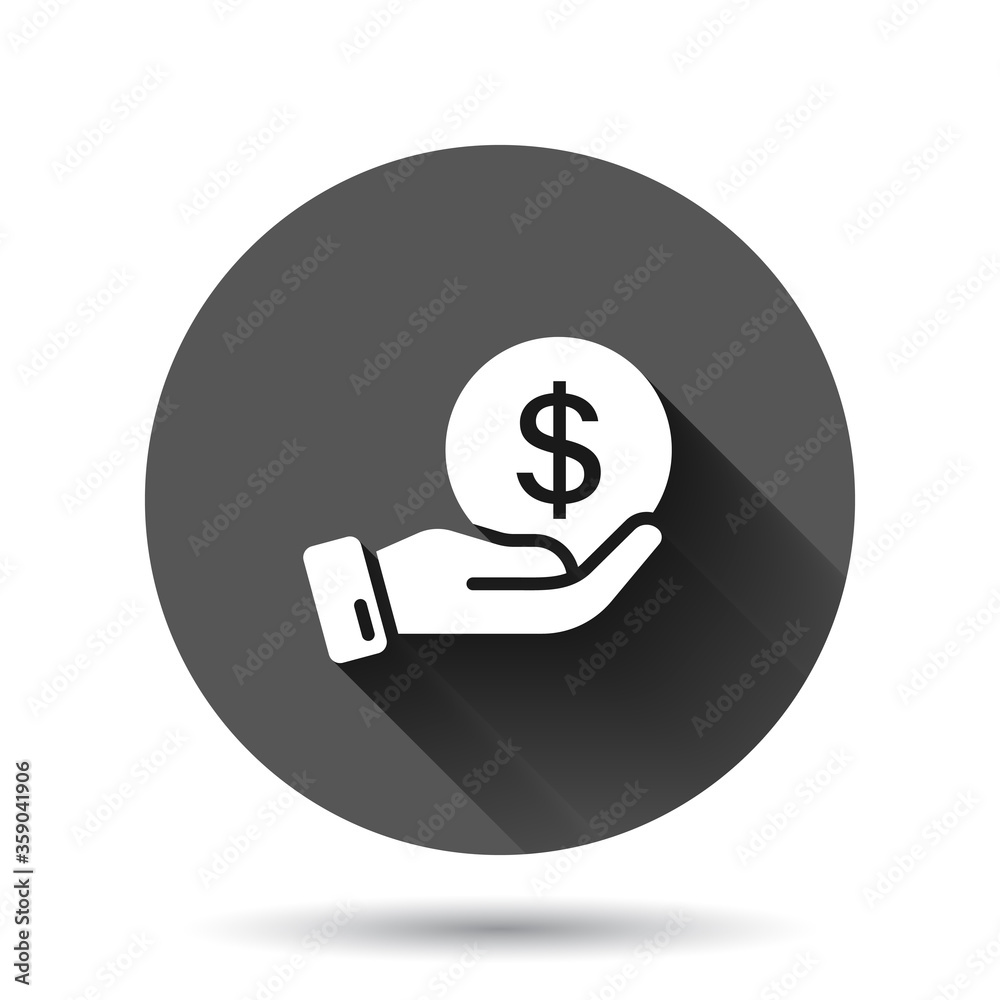 Remuneration icon in flat style. Money in hand vector illustration on black round background with long shadow effect. Coin payroll circle button business concept. Remuneration icon in flat style. Money in hand vector illustration on black round background with long shadow effect. Coin payroll circle button business concept.