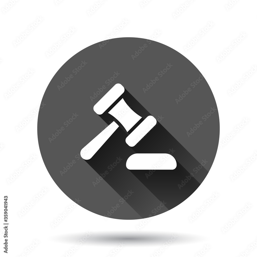 Auction hammer icon in flat style. Court sign vector illustration on black round background with long shadow effect. Tribunal circle button business concept. Auction hammer icon in flat style. Court sign vector illustration on black round background with long shadow effect. Tribunal circle button business concept.