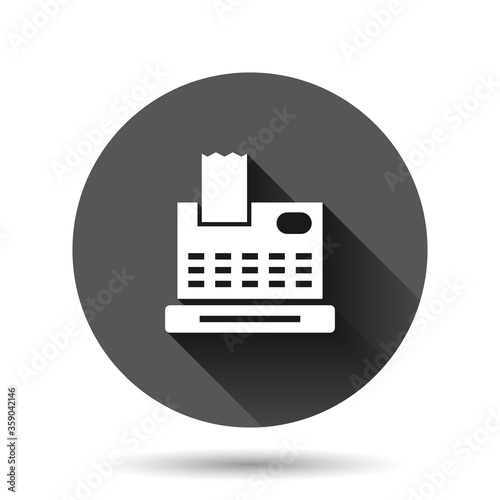 Cash register icon in flat style. Check machine vector illustration on black round background with long shadow effect. Payment circle button business concept.