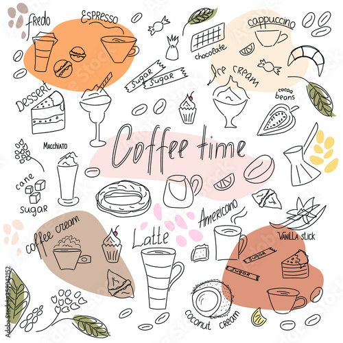 A moment of pleasure - a cup of coffee with a delicious dessert. Stylish design. Assortment of coffee drinks. Drawn by hand. Linear graphics. Scandinavian style. Vector illustration.
