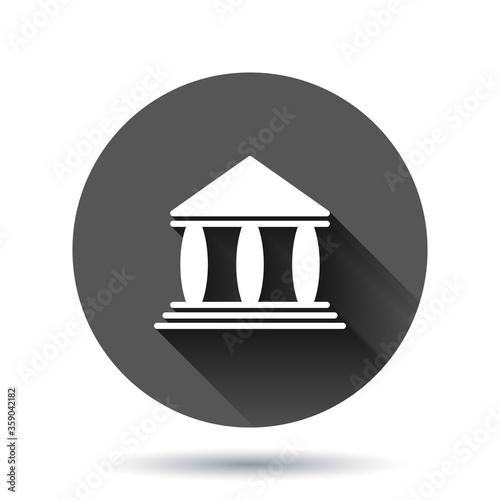 Bank building icon in flat style. Government architecture vector illustration on black round background with long shadow effect. Museum exterior circle button business concept.