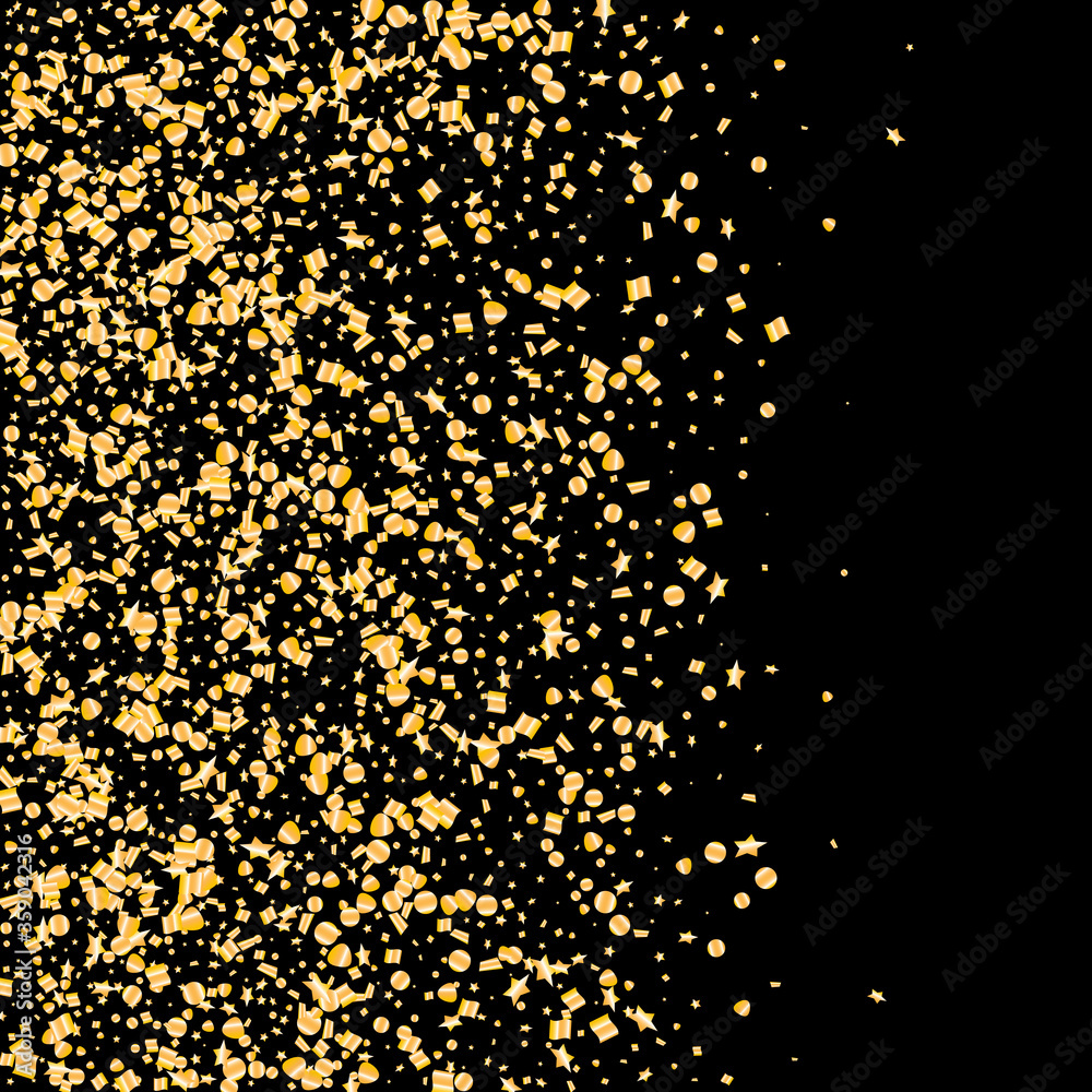 Confetti of shooting stars. Gold stars. Luxury holiday background. Abstract texture on a black background. Design element. Vector illustration, eps 10.
