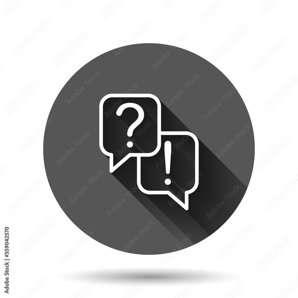 Question and answer icon in flat style. Dialog speech bubble vector illustration on black round background with long shadow effect. Forum chat circle button business concept. Question and answer icon in flat style. Dialog speech bubble vector illustration on black round background with long shadow effect. Forum chat circle button business concept.