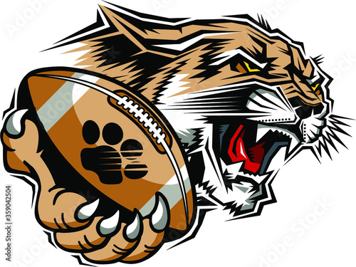 cougar football mascot holding ball in claw for school, college or league