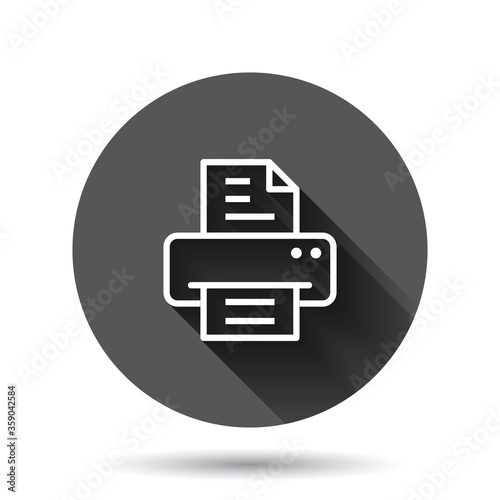 Office printer icon in flat style. Fax vector illustration on black round background with long shadow effect. Text printout circle button business concept.