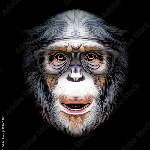 Canvas Print Colorful artistic monkey in eyeglasses with colorful paint splatters on black ba