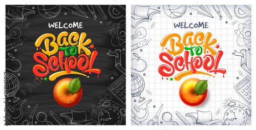 Back to School backgrounds with red apple and lettering Back to school. Handwritten education subjects in doodle style as frame around. Chalkboard and checkered paper on backdrop. Vector illustration.