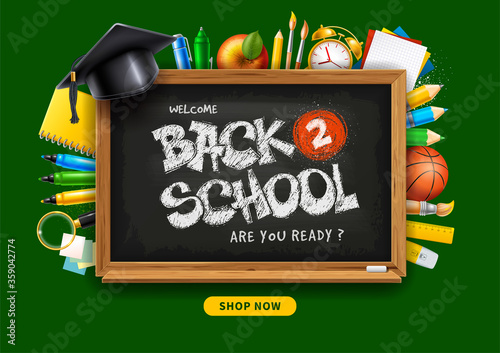 Back to School horizontal advertising banner about sale with school stationery and supplies, such as felt pens, colored pencils, notebook and other on green background. Vector illustration.