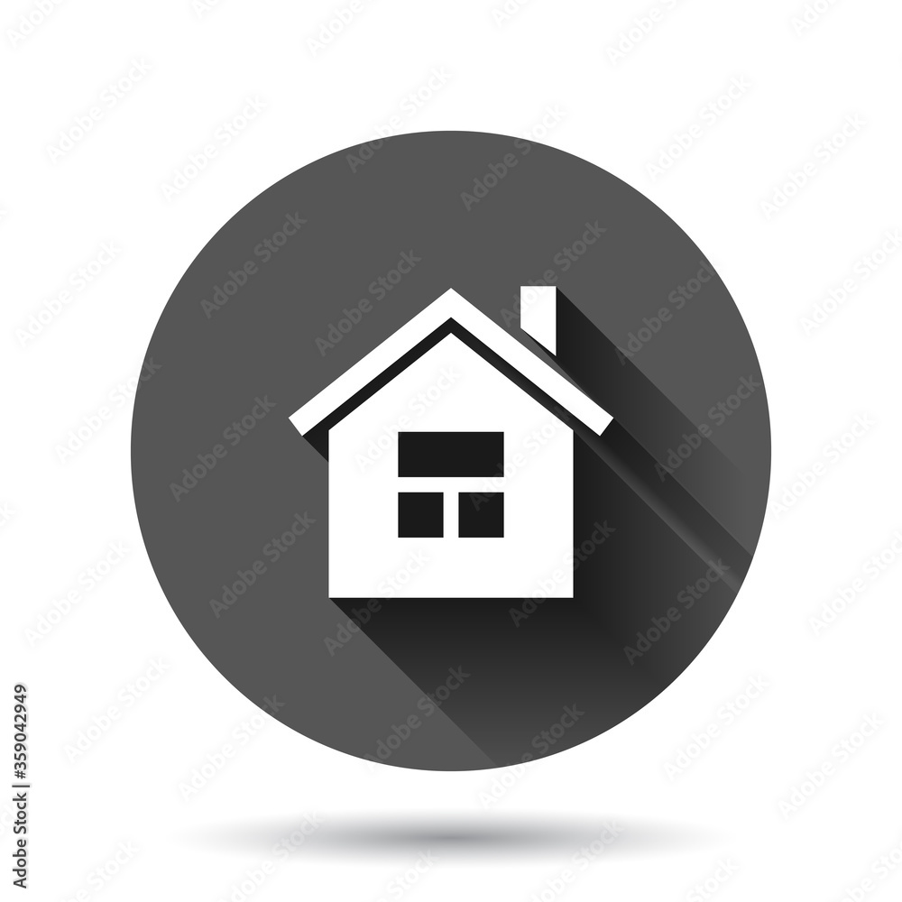 Building icon in flat style. Home vector illustration on black round background with long shadow effect. House circle button business concept. Building icon in flat style. Home vector illustration on black round background with long shadow effect. House circle button business concept.