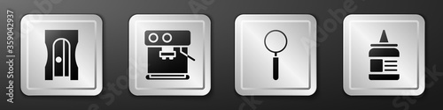 Set Pencil sharpener, Coffee machine, Magnifying glass and Glue icon. Silver square button. Vector