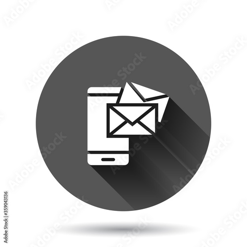 Message on smartphone icon in flat style. Mail with phone vector illustration on black round background with long shadow effect. Envelope circle button business concept.
