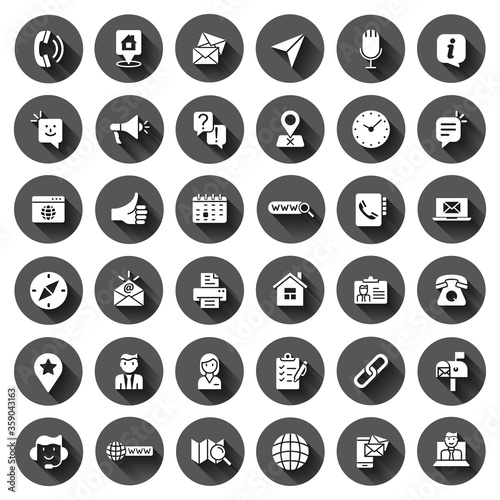 Contact us icon set in flat style. Mobile communication vector illustration on black round background with long shadow effect. Phone call circle button business concept.