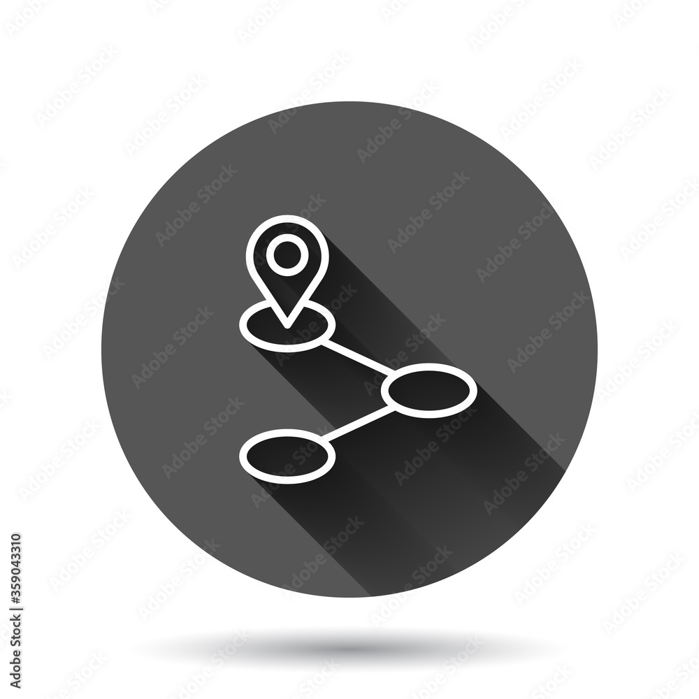 Map pin icon in flat style. GPS navigation vector illustration on black round background with long shadow effect. Locate position circle button business concept. Map pin icon in flat style. GPS navigation vector illustration on black round background with long shadow effect. Locate position circle button business concept.