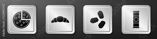 Set Pizza, Croissant, Chicken nuggets and Chocolate bar icon. Silver square button. Vector