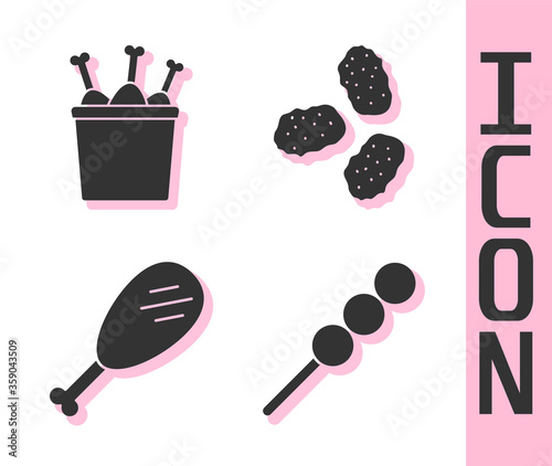 Set Meatballs on wooden stick, Chicken leg in package box, Chicken leg and Chicken nuggets icon. Vector