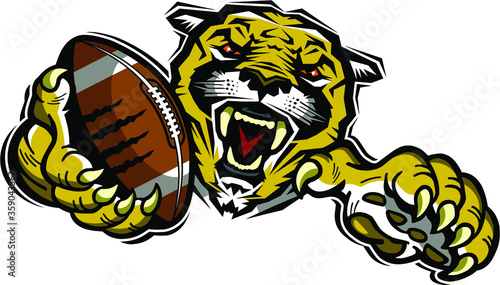 cougar football team mascot holding ball in claw for school, college or league